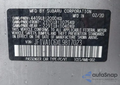 2020 Subaru Wrx Premium z USA, uszkodzony, nr VIN JF1VA1C6XL9817023